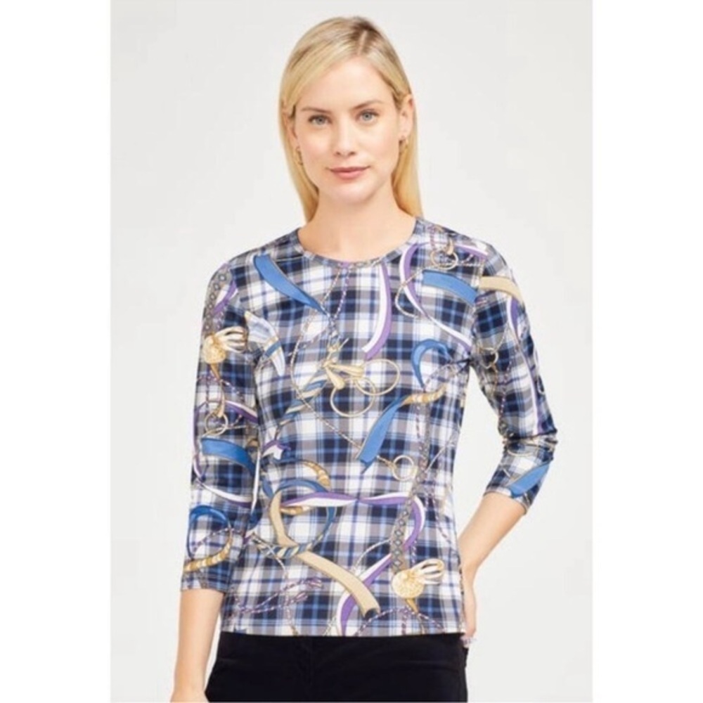 J McLaughlin Blue White Plaid Horsebit Equestrian Catalina Cloth 3/4 Sleeve Top